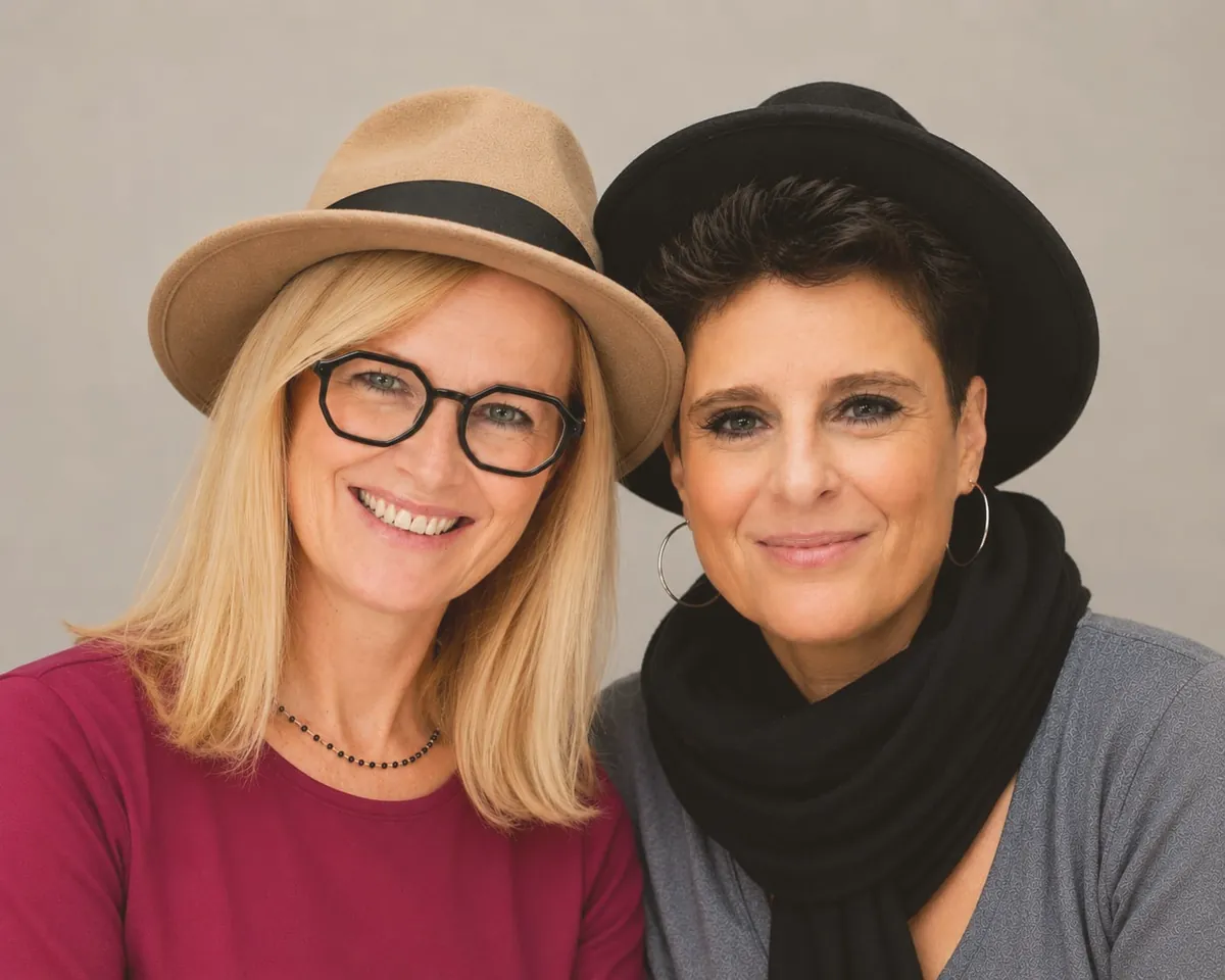 Sabrina Terraroli e Paola Sabbatini sorridono vicine, con cappelli fedora chiaro e scuro, su fondo neutro